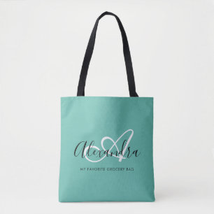 Girly Teal Green Elegant Script Name Monogram Tote Bag