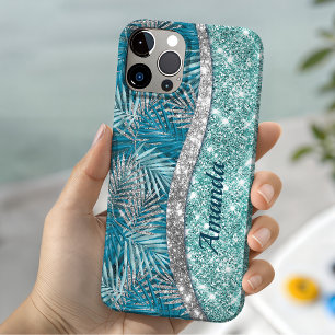 Girly teal green silver glitter leaves monogram Case-Mate iPhone 14 case