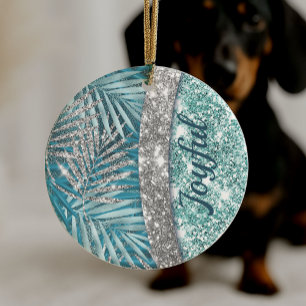 Girly teal green silver glitter leaves monogram ceramic ornament