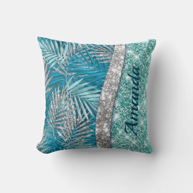Girly teal green silver glitter leaves Monogram Throw Pillow (Front)