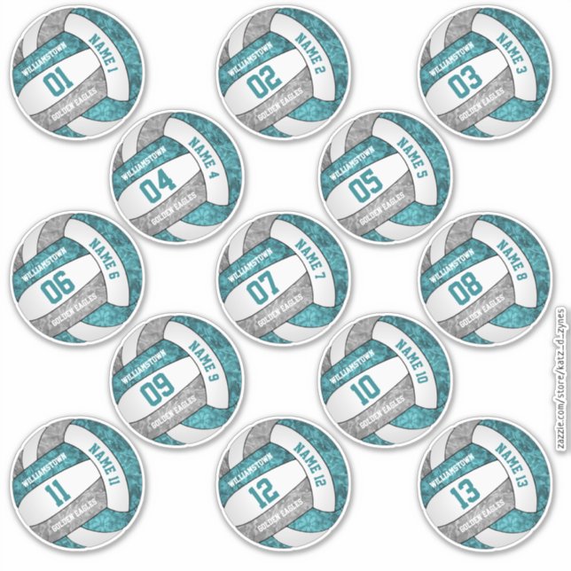 girly teal grey volleyball player names set of 13 (Front)