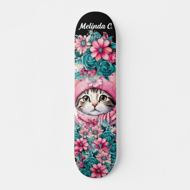 Girly Teal & Pink Flowers Christmas Kitten Skateboard (Front)