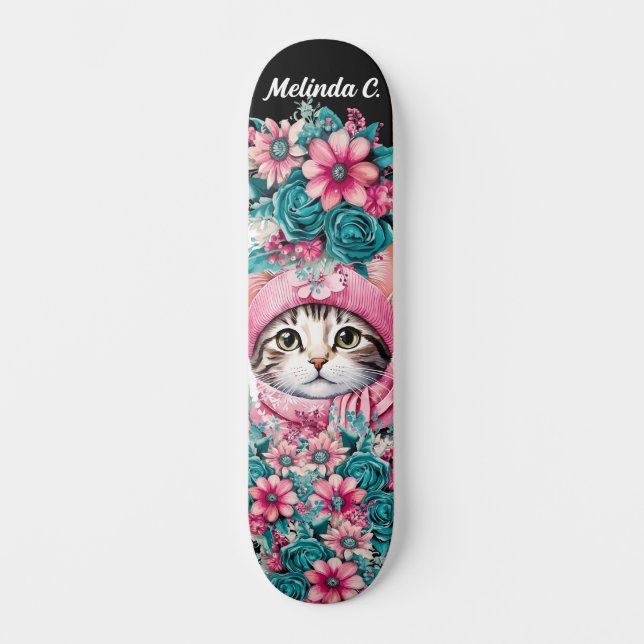 Girly Teal & Pink Flowers Christmas Kitten Skateboard (Front)