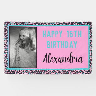 Girly Teal/Pink Leopard Print Sweet 16 Birthday Banner