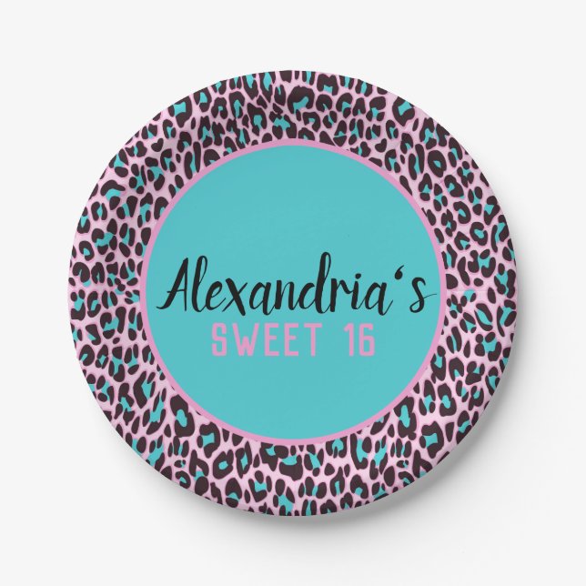 Girly Teal/Pink Leopard Print Sweet 16 Paper Plate (Front)