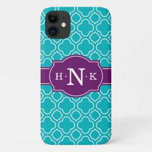 Girly Teal Quatrefoil Pattern Purple Monogram iPhone 11 Case
