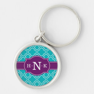 Girly Teal Quatrefoil Pattern Purple Monogram Keychain