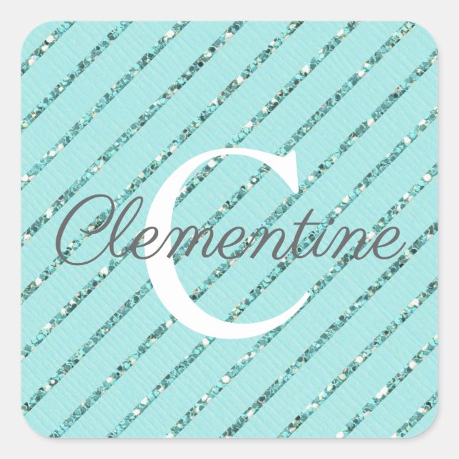 Girly Teal Turquoise Glitter Stripes Monogram Square Sticker (Front)