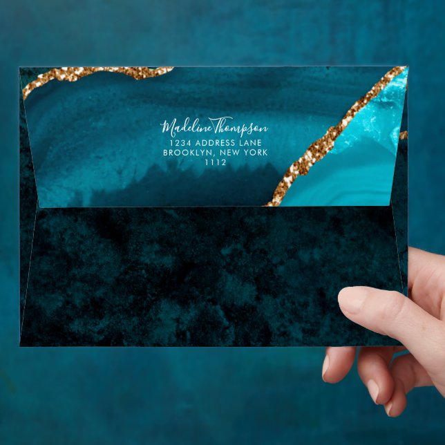 Girly Teal Velvet Agate Geode Script Address Envelope (Hand)