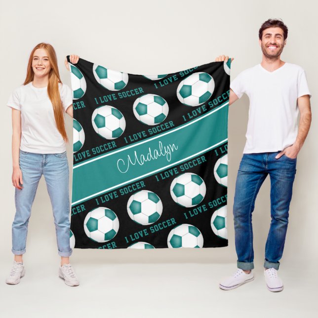 girly teal white I love soccer text pattern Fleece Blanket (In Situ)