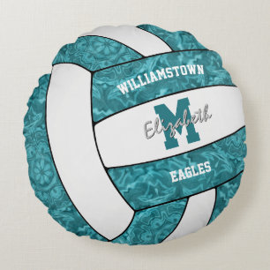 Girly teal white volleyball team colours gift idea round pillow