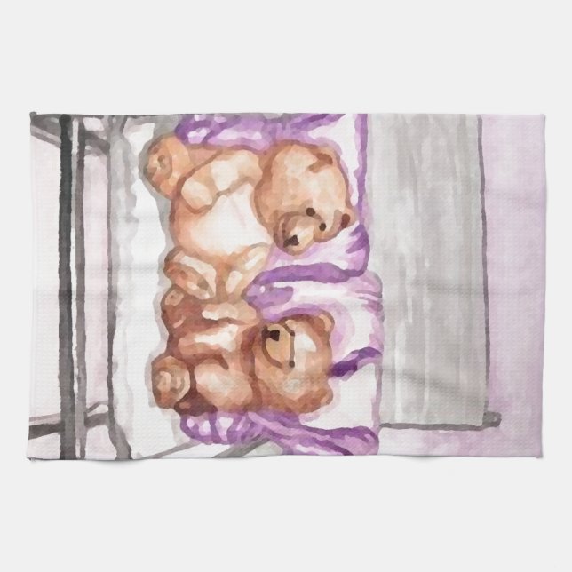 Girly Teddy Bear Talk Purple Lilac Grey Lavender Kitchen Towel (Horizontal)