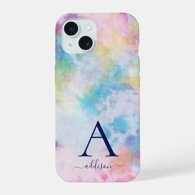 Girly Tie-Dye Colourful Monogram Name iPhone 15 Case (Back)