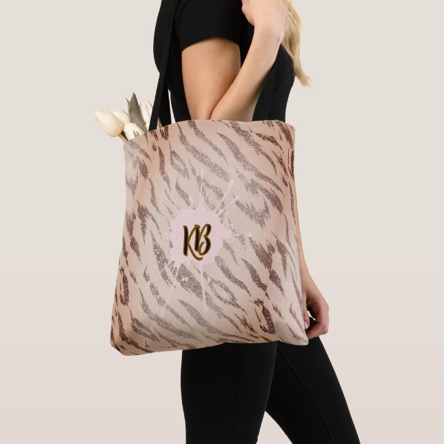 Girly Tiger Monogram Pink Animal Pattern Tote Bag (Close Up)