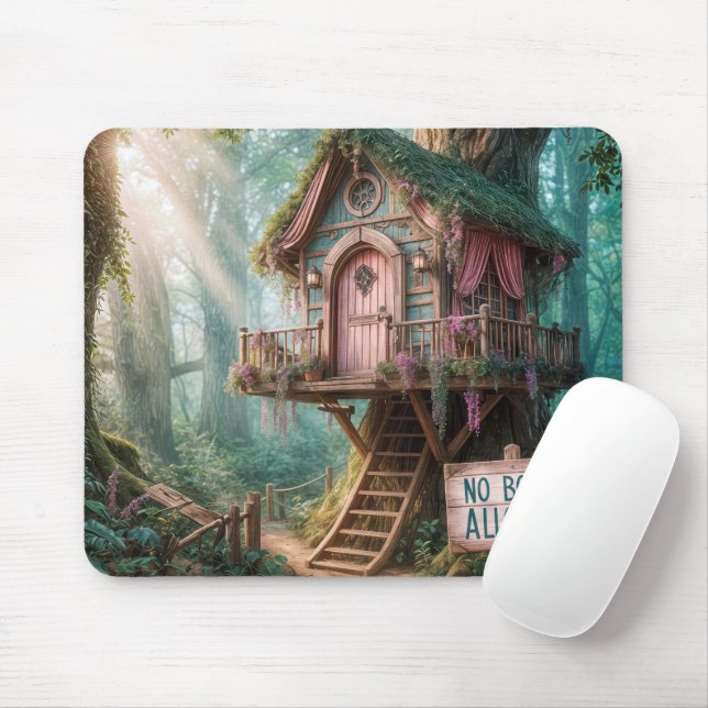 Girly Treehouse With a Funny Sign In a Forest Mouse Pad (With Mouse)