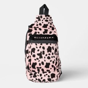 Girly Trendy Black Pink Cow Animal Pattern Name Sling Bag