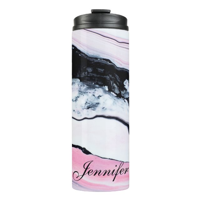 Girly TRENDY BLACK WHITE PINK MARBLE ADD YOUR NAME Thermal Tumbler (Front)