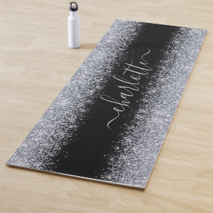 Girly Trendy Metallic Silver Glitter Script Name Yoga Mat