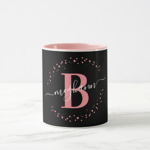 Girly Trendy Pink Black Name Monogram Script Coffe Mug