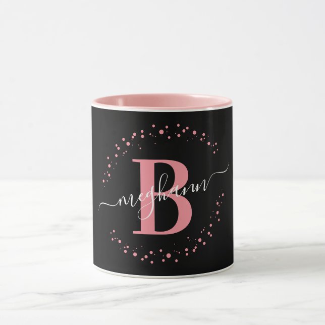 Girly Trendy Pink Black Name Monogram Script Coffe Mug (Center)