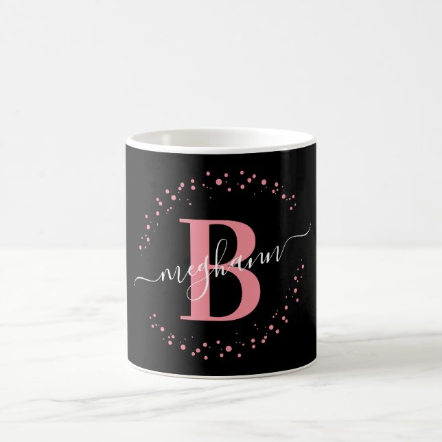 Girly Trendy Pink Black Name Monogram Script Coffee Mug (Center)