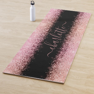 Girly Trendy Rose Gold Glitter Script Name Yoga Mat