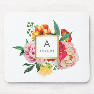 Girly TRENDY Watercolor Peony Flowers Monogram Mouse Pad