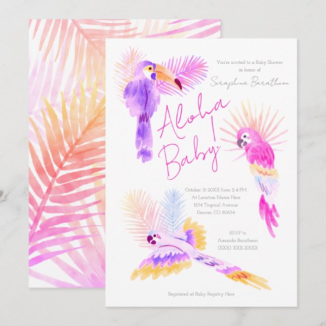 Girly Tropical Parrots Hawaiian Aloha Baby Shower Invitation (Front/Back)