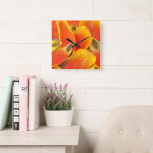 Girly Tulip Flower Petals Vibrant Orange Photo Square Wall Clock