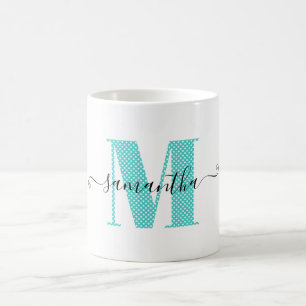 Girly Turquoise and White Polka Dot Monogram Coffee Mug