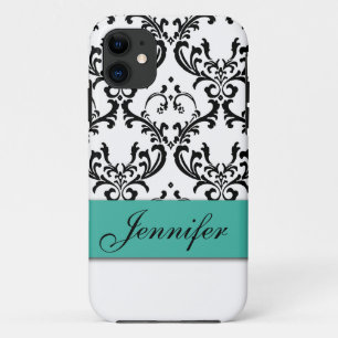 GIRLY TURQUOISE BLACK DAMASK YOUR NAME iPhone 11 CASE