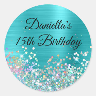  Girly Turquoise Blue Foil Holo Glitter Birthday Classic Round Sticker