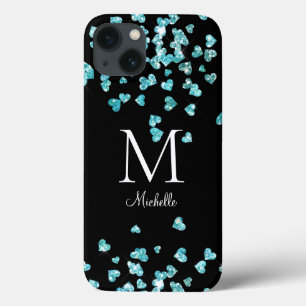 Girly Turquoise Glitter Hearts Monogram  iPhone 13 Case