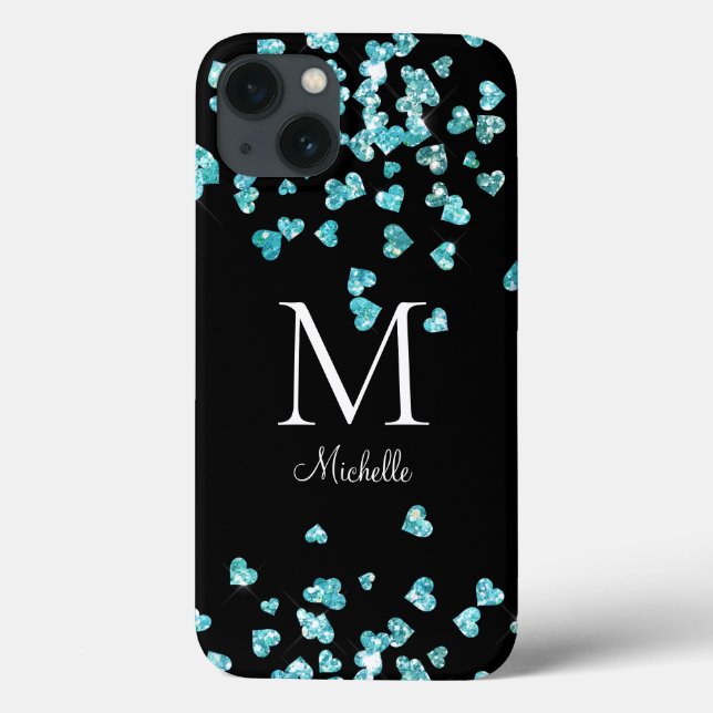 Girly Turquoise Glitter Hearts Monogram  Case-Mate iPhone Case (Back)