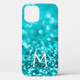Girly Turquoise Glitter Monogram iPhone 12 Case