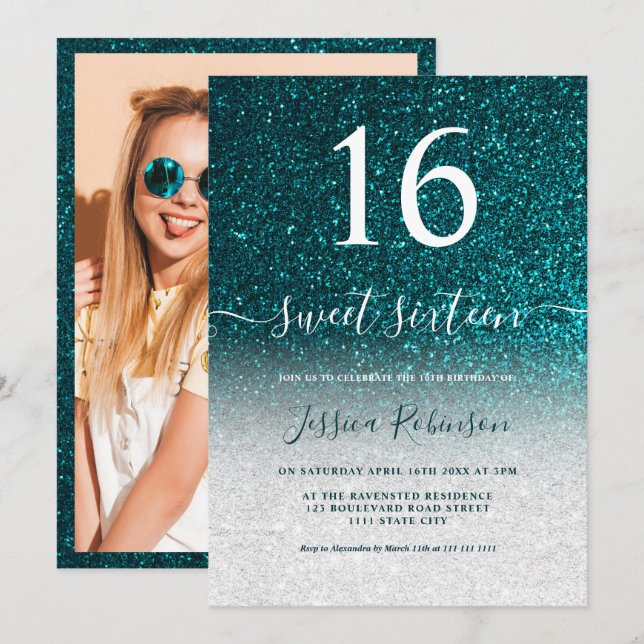 Girly turquoise glitter script chic Sweet 16 Invitation (Front/Back)