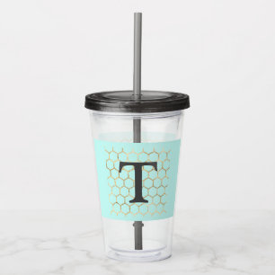 Girly Turquoise Green Gold Hexagon Monogram Acrylic Tumbler