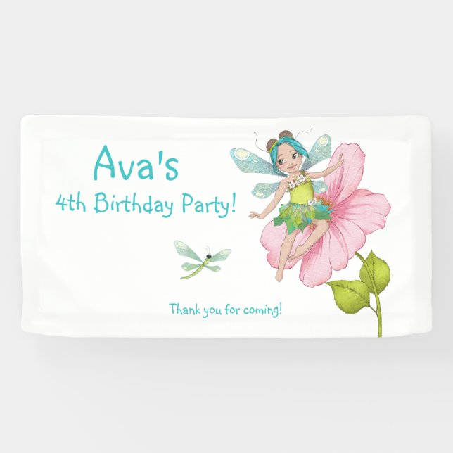 Girly Turquoise Green Pink Dragonfly Birthday Banner (Horizontal)