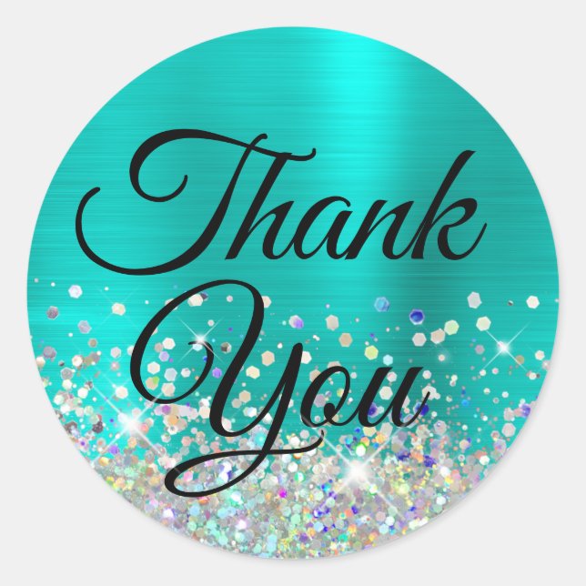 Girly Turquoise Ombre Foil Holo Glitter Thank You Classic Round Sticker (Front)