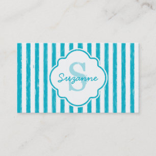 Girly Turquoise Painted Stripes Monogram and Name Business Card