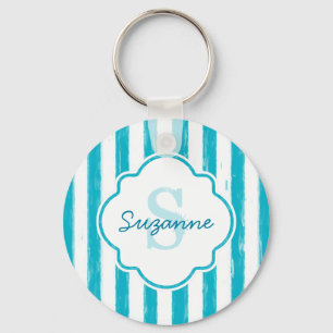 Girly Turquoise Painted Stripes Monogram and Name Keychain