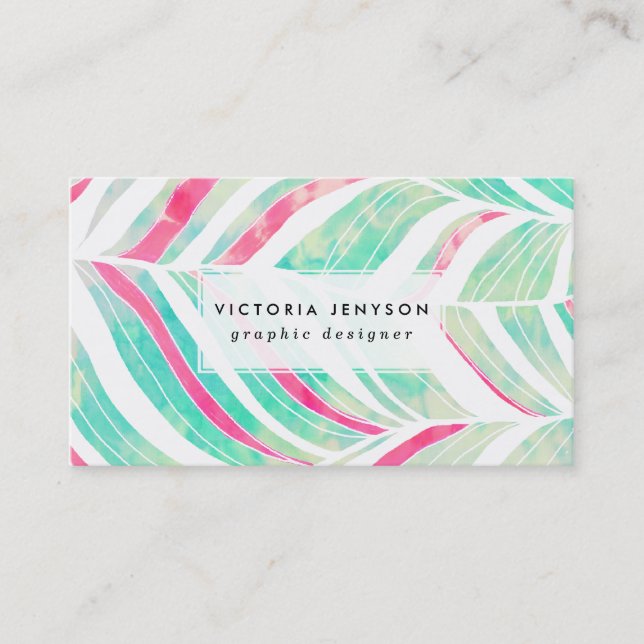 Girly Turquoise Pink Watercolor hand drawn pattern Business Card (Front)