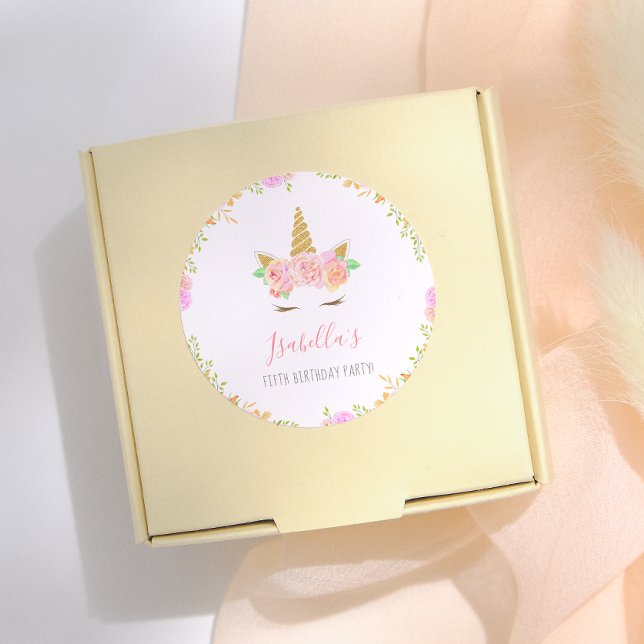 Girly Unicorn Face Script Name Birthday Party Classic Round Sticker (Creator Uploaded)