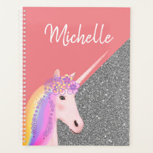 Girly Unicorn Glitter Pink Silver Personalized Planner