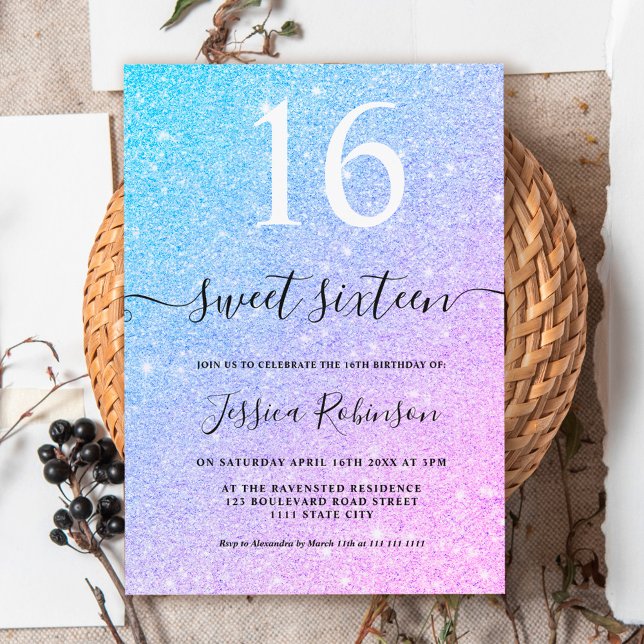 Girly unicorn glitter sparkles chic Sweet 16 Invitation (Creator Uploaded)