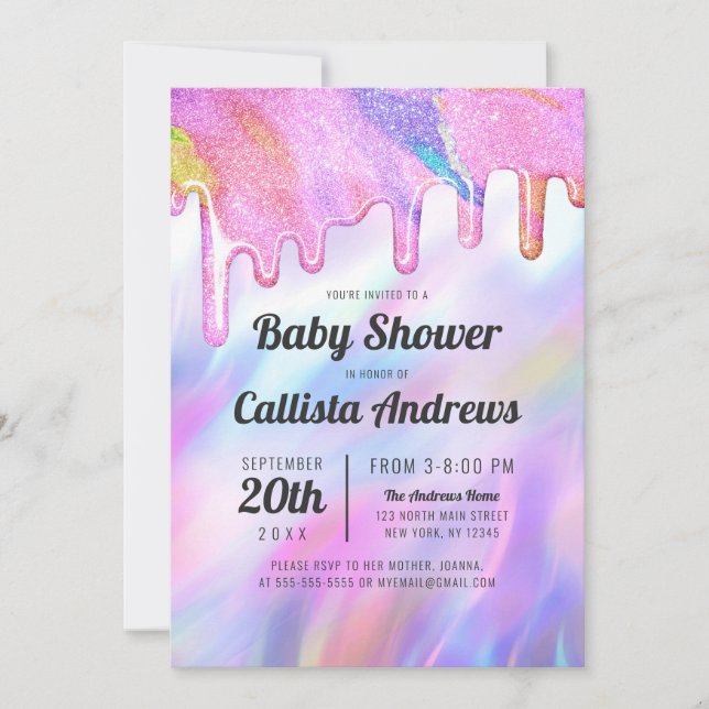Girly Unicorn Holographic Glitter Drip Baby Shower Invitation (Front)