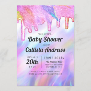 Girly Unicorn Holographic Glitter Drip Baby Shower Invitation