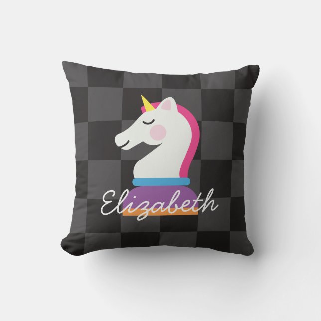 Girly Unicorn Knight Chess Personalized Throw Pillow (Front)