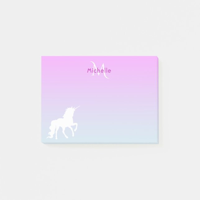 Girly unicorn on Pink and blue monogrammed Post-it Notes (Front)