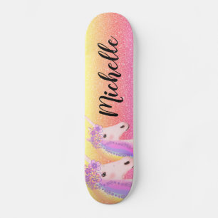 Girly Unicorn Rainbow Glitter Personalized Kids Skateboard